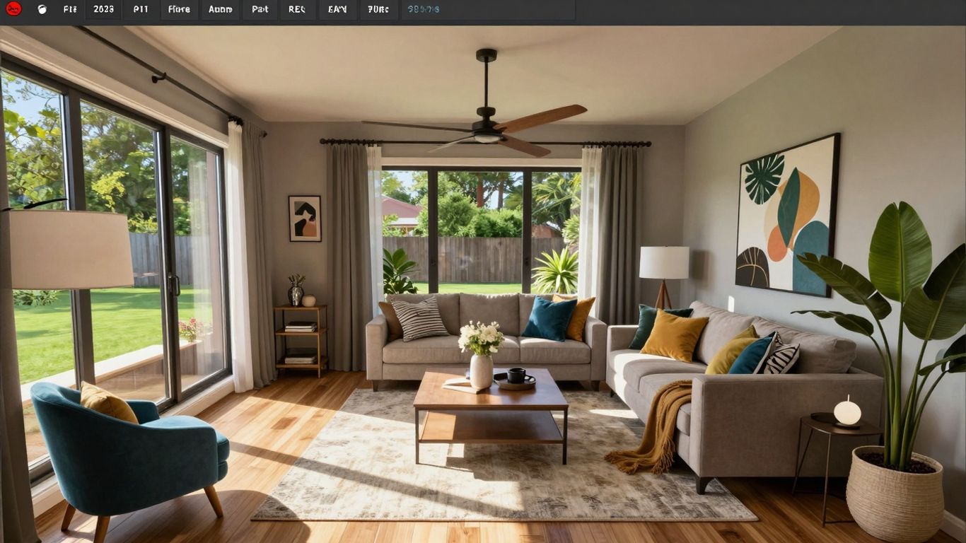 3D room planner design of a modern living space.