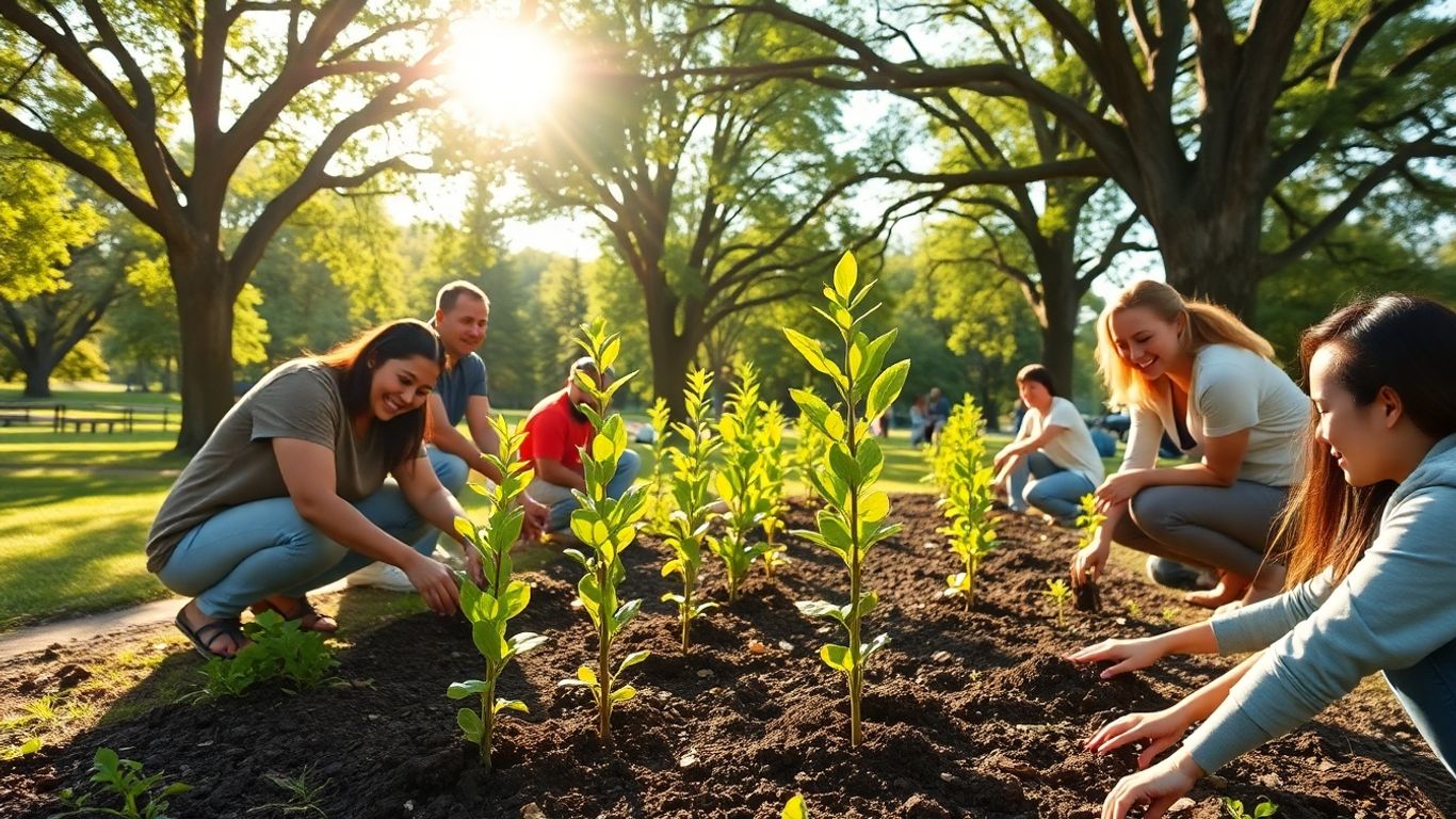 Oameni plantând copaci într-un parc verde.