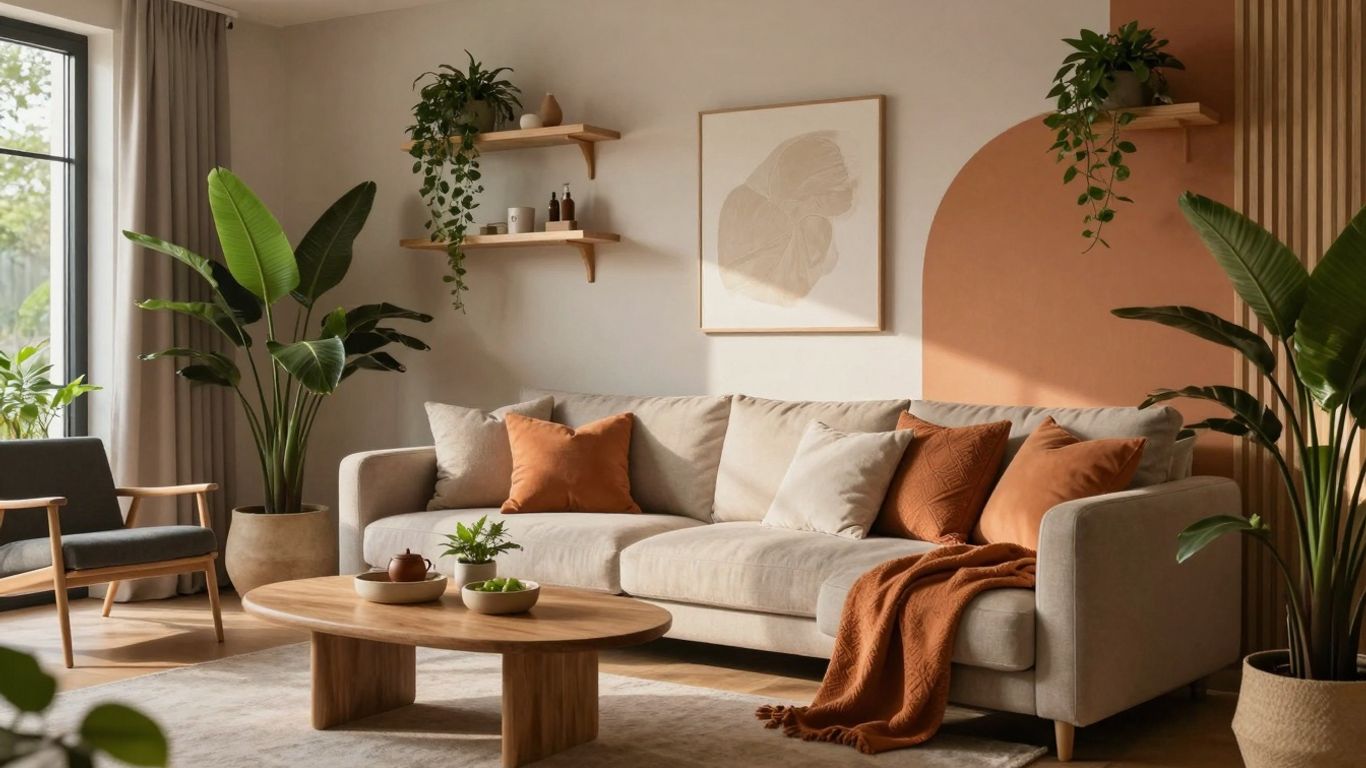 Modern, biophilic Airbnb interior design with natural materials.