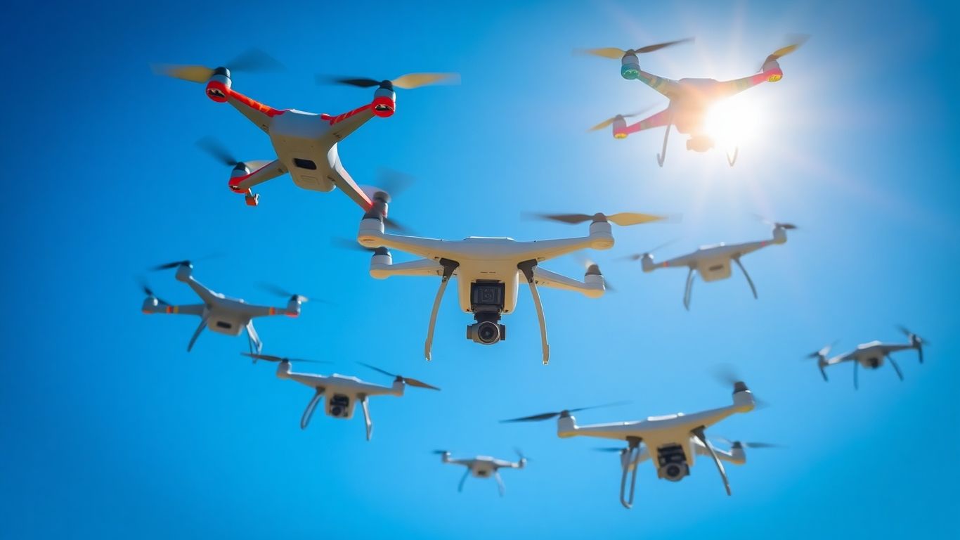 Beginner drones flying in a clear blue sky.