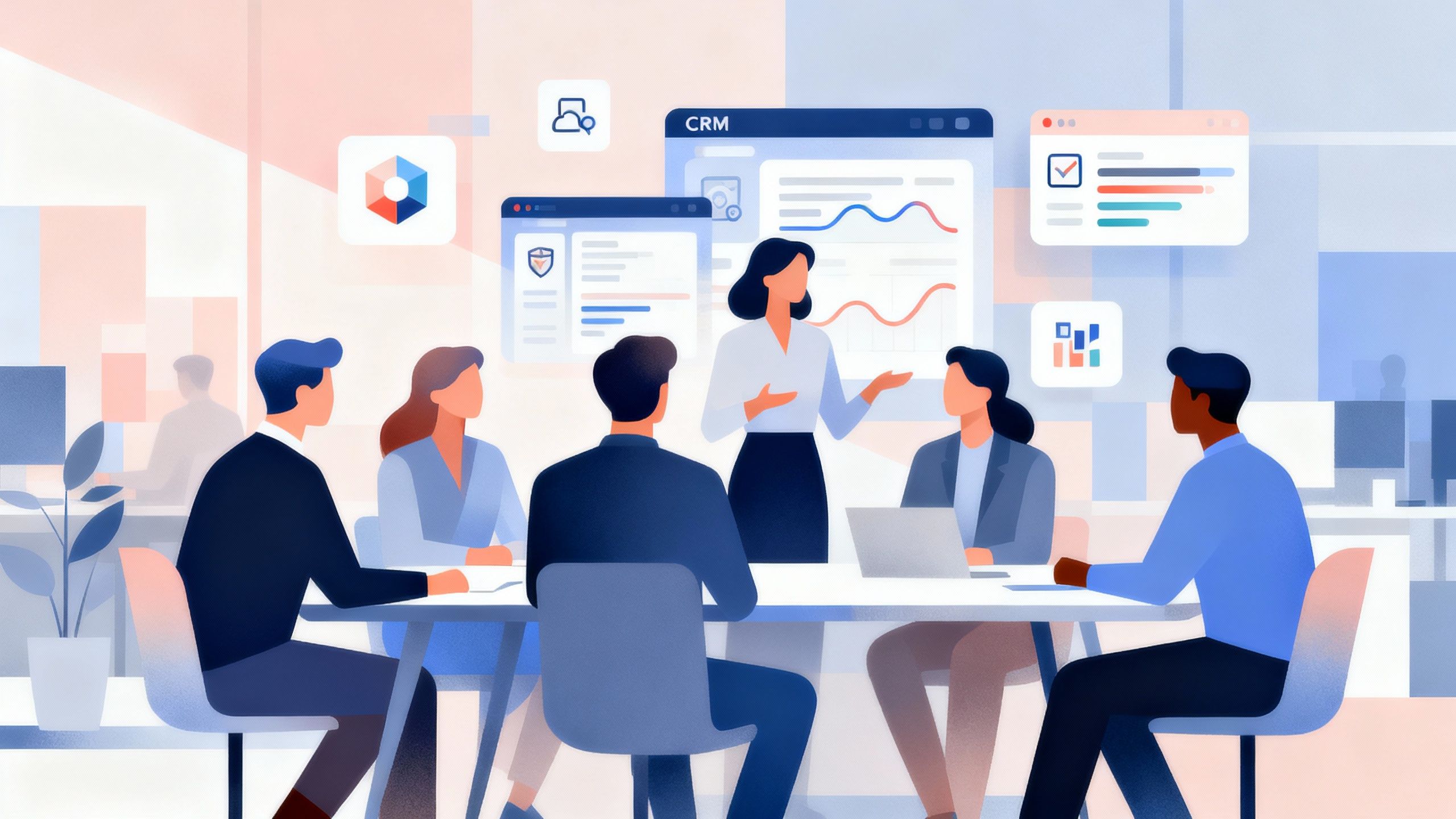 Abstract image of professionals discussing CRM platform choices in an office