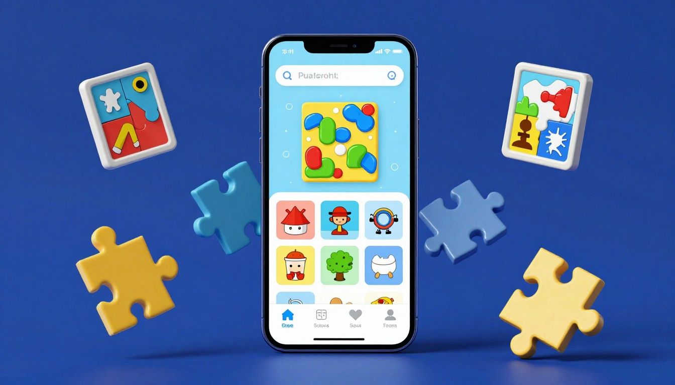 Cena criativa de smartphone com peças de quebra-cabeça flutuando em volta, simbolizando diferentes jogos de puzzle mobile