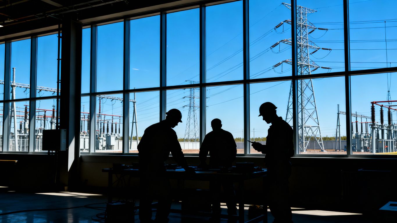 Modern industrial facility with power lines and workers.