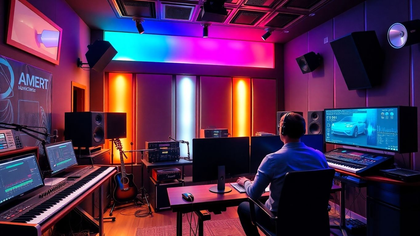 Futuristic music studio with digital equipment and musician