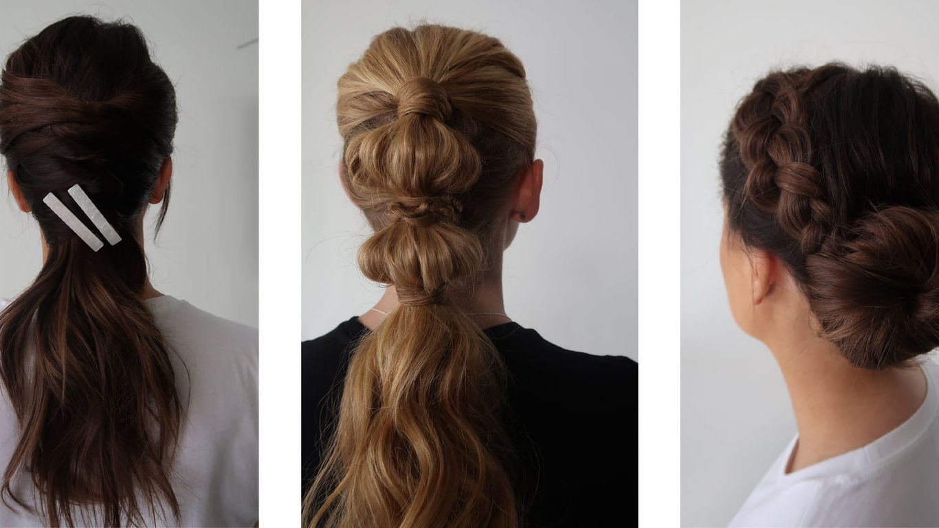 Three hairstyles: ponytail with clip, braided bun, twisted updo.