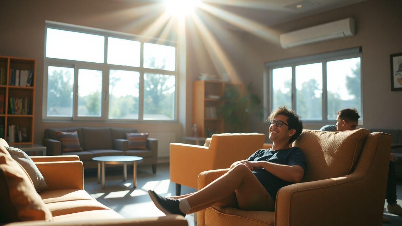 A person relaxing in a safe and comfortable hostel common area.