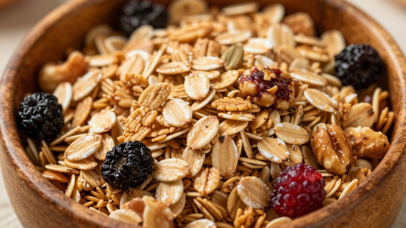 Schüssel mit gesundem selbstgemachtem Granola und Beeren