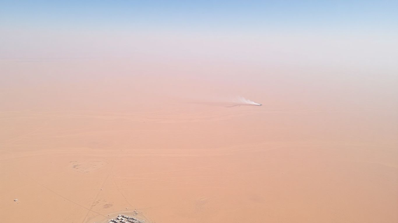 Paysage désertique du Qatar avec des volutes de fumée lointaines.