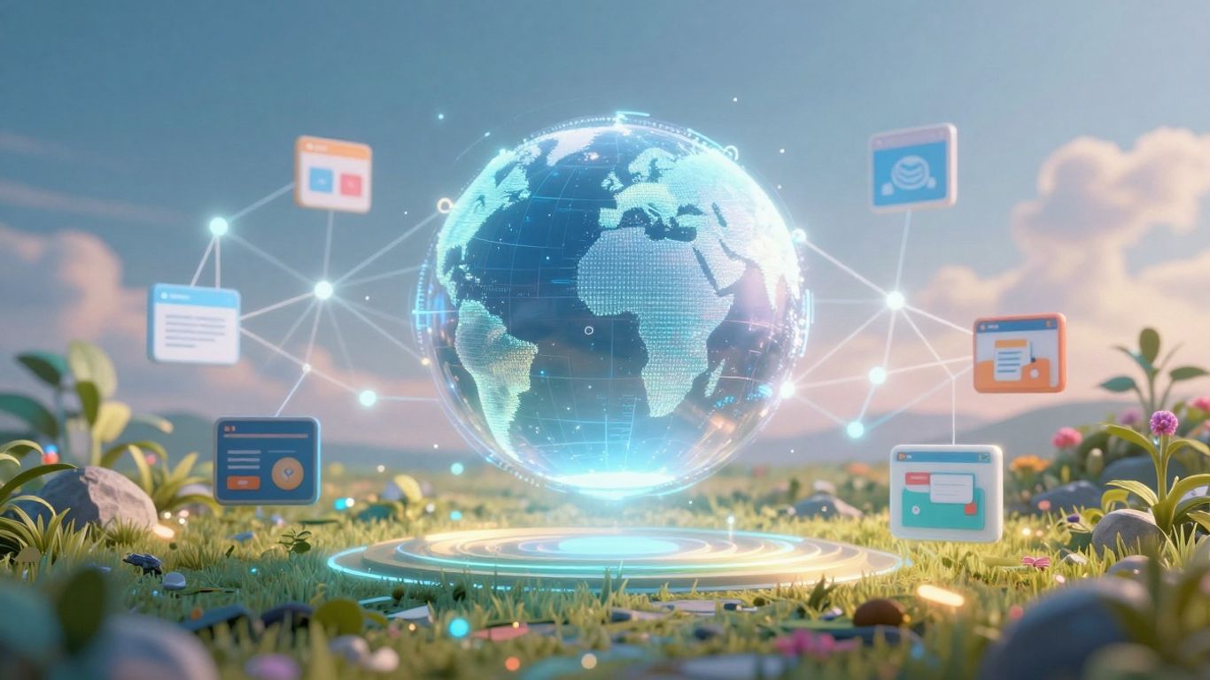 Paysage numérique abstrait avec des icônes de site web connectées.