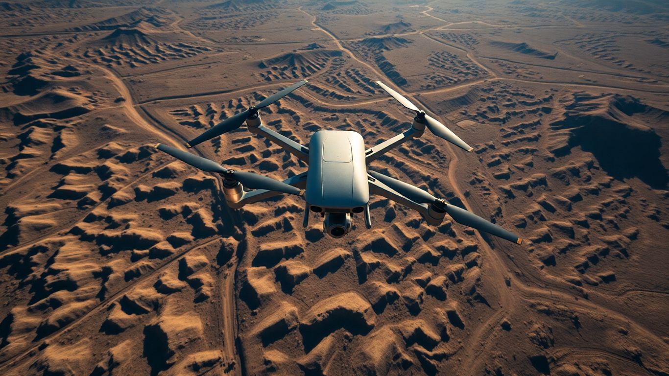 Drone surveying a detailed landscape from above.