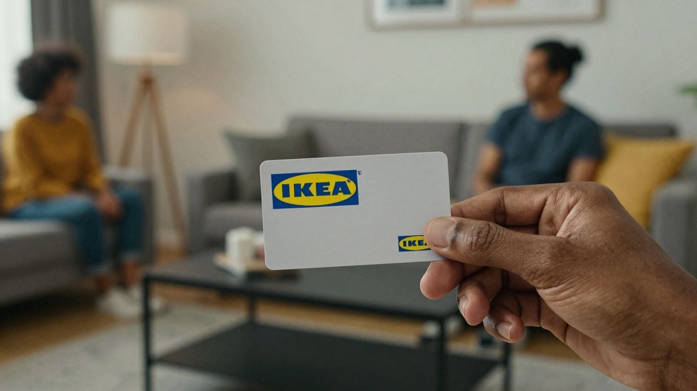 Hand houdt IKEA cadeaukaart vast met meubels op de achtergrond.