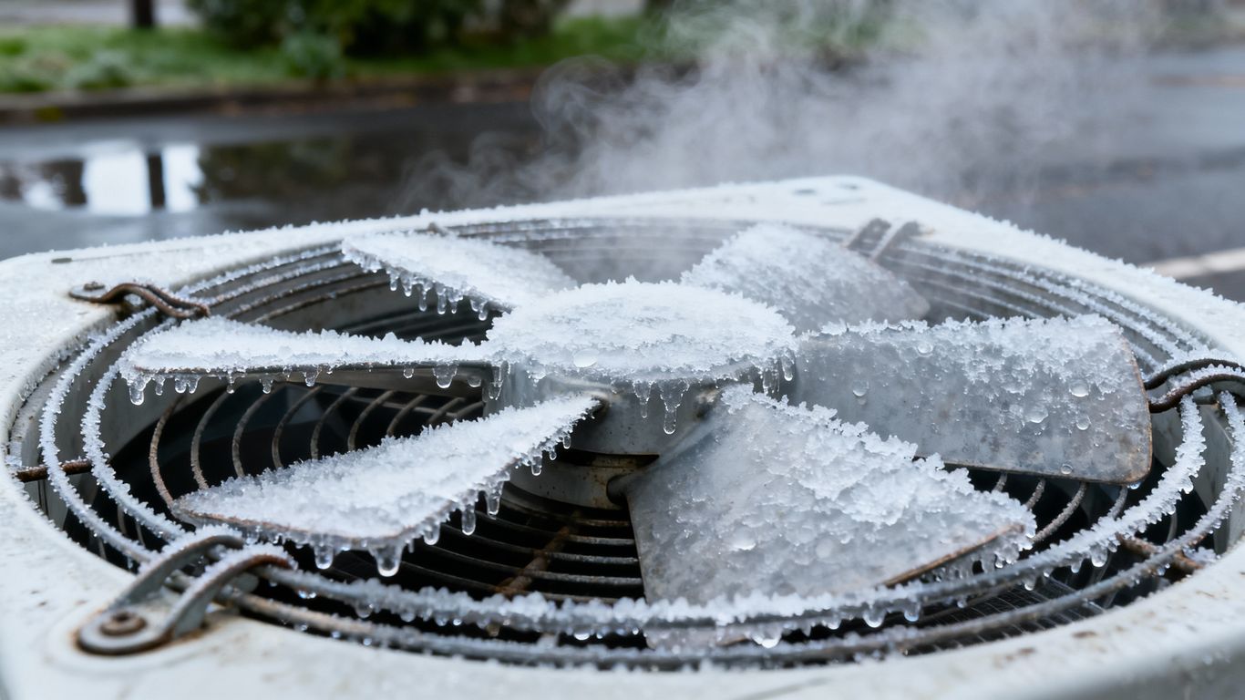 Frozen air conditioner fan blades on a hot day.