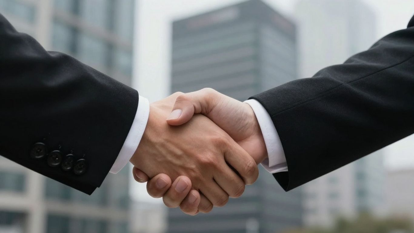 Handshake between two professionals, symbolizing partnership and trust.