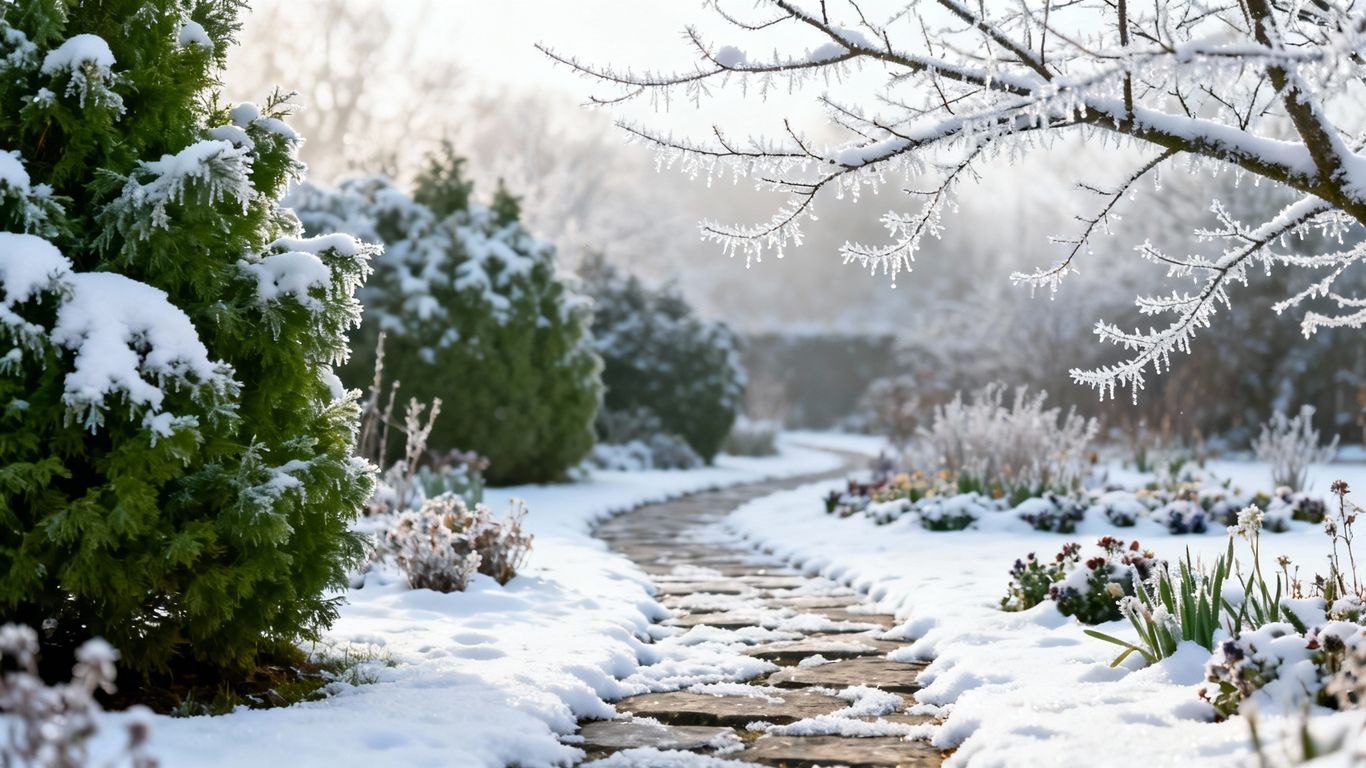 Snow-covered garden with evergreens and frost.