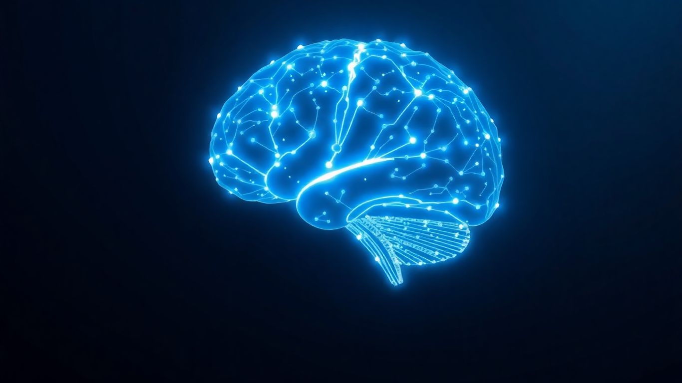 Futuristic AI brain with glowing circuits.