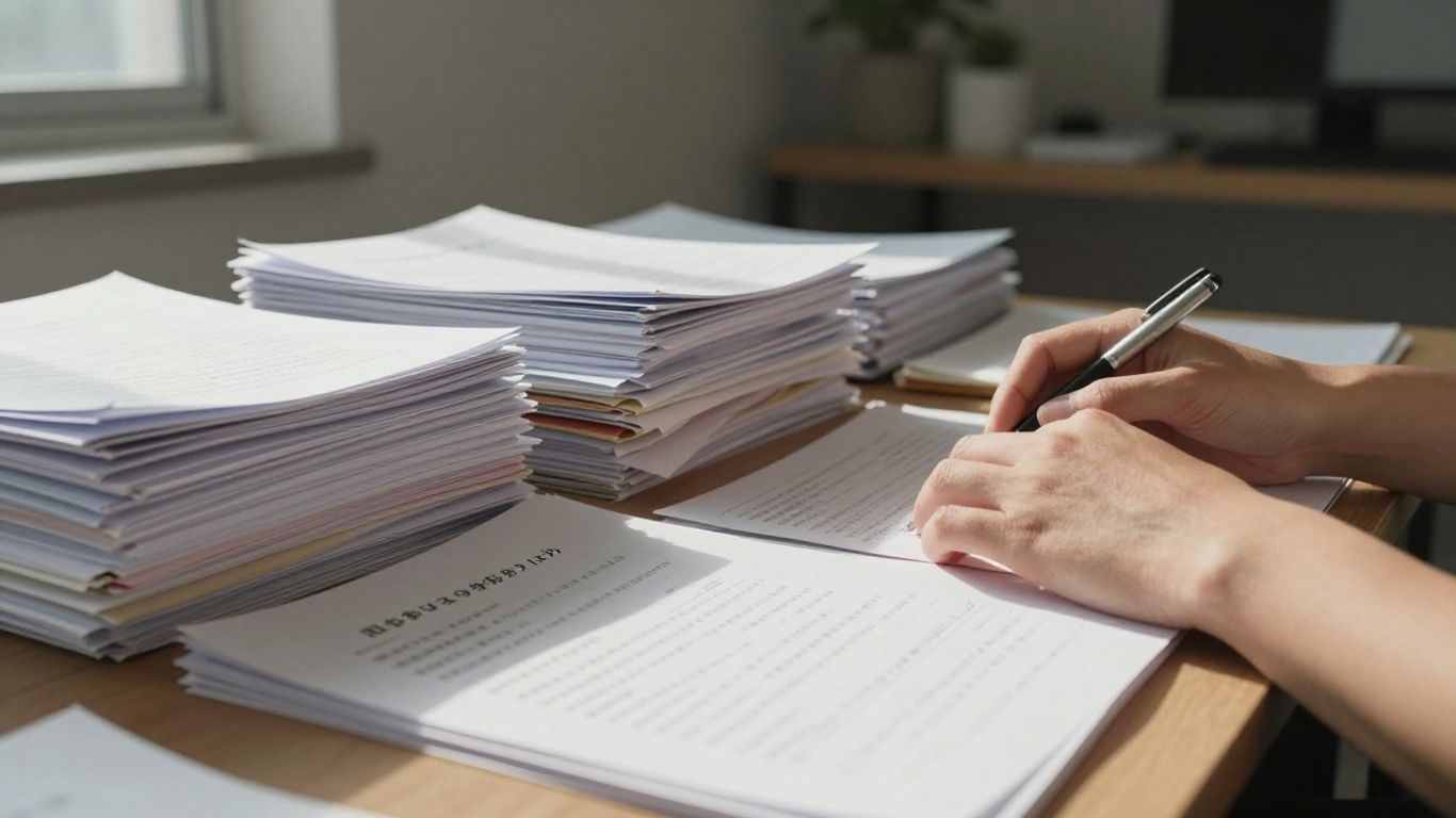 Paperwork and a pen on a desk in a Tokyo apartment.