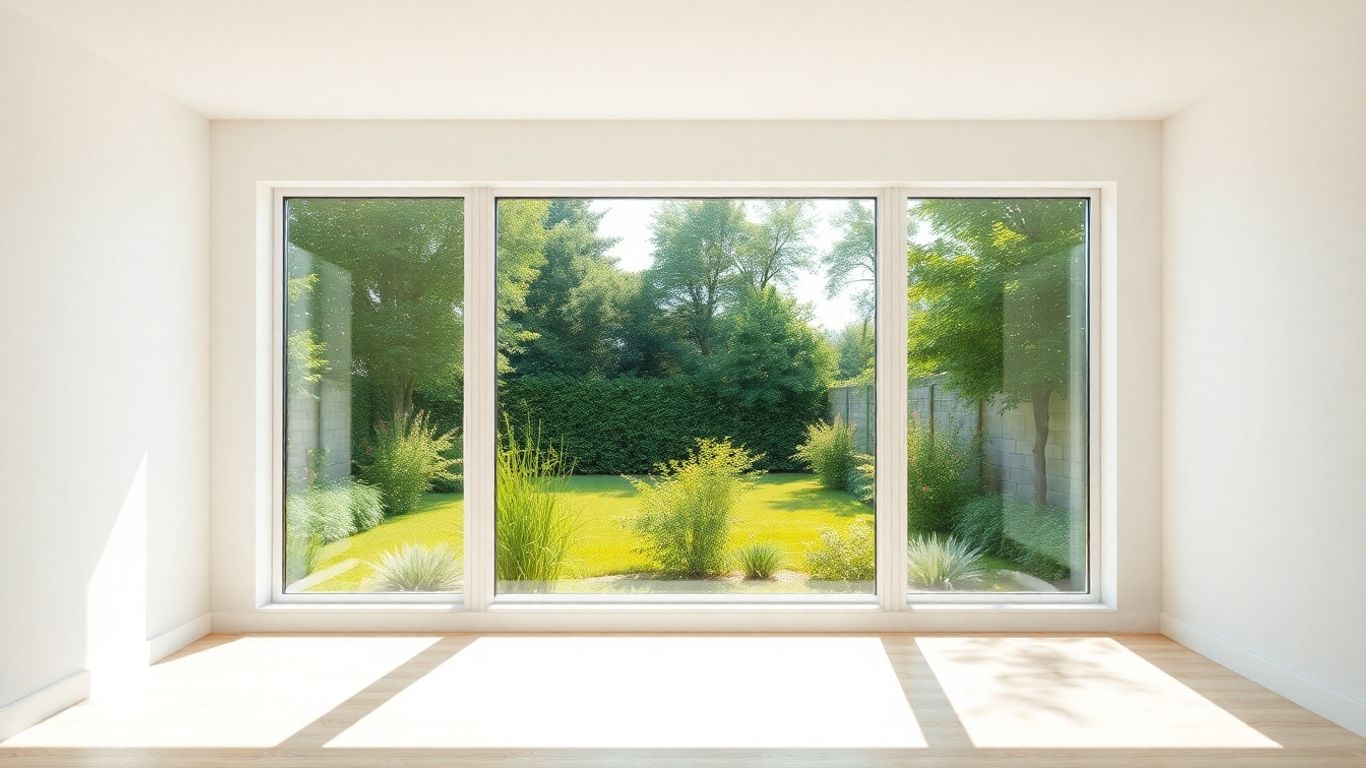 Moderne Fenster mit Blick auf einen Garten.