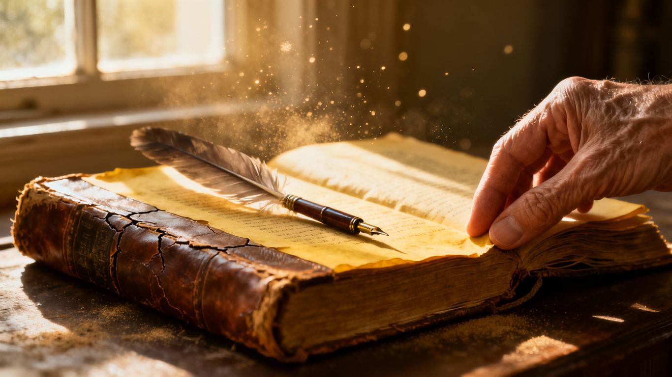 An old book and quill pen, bathed in sunlight.