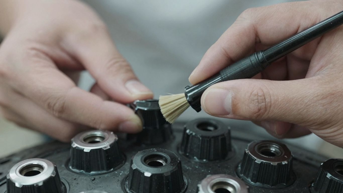 Cleaning tire valve caps with a small brush.