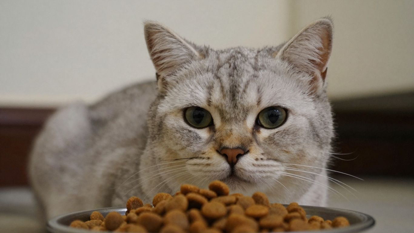 Cat looking at food bowl for sensitive stomachs.