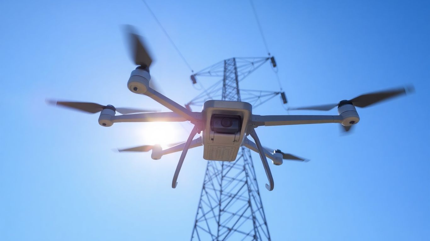 Drone inspecting high voltage power lines.