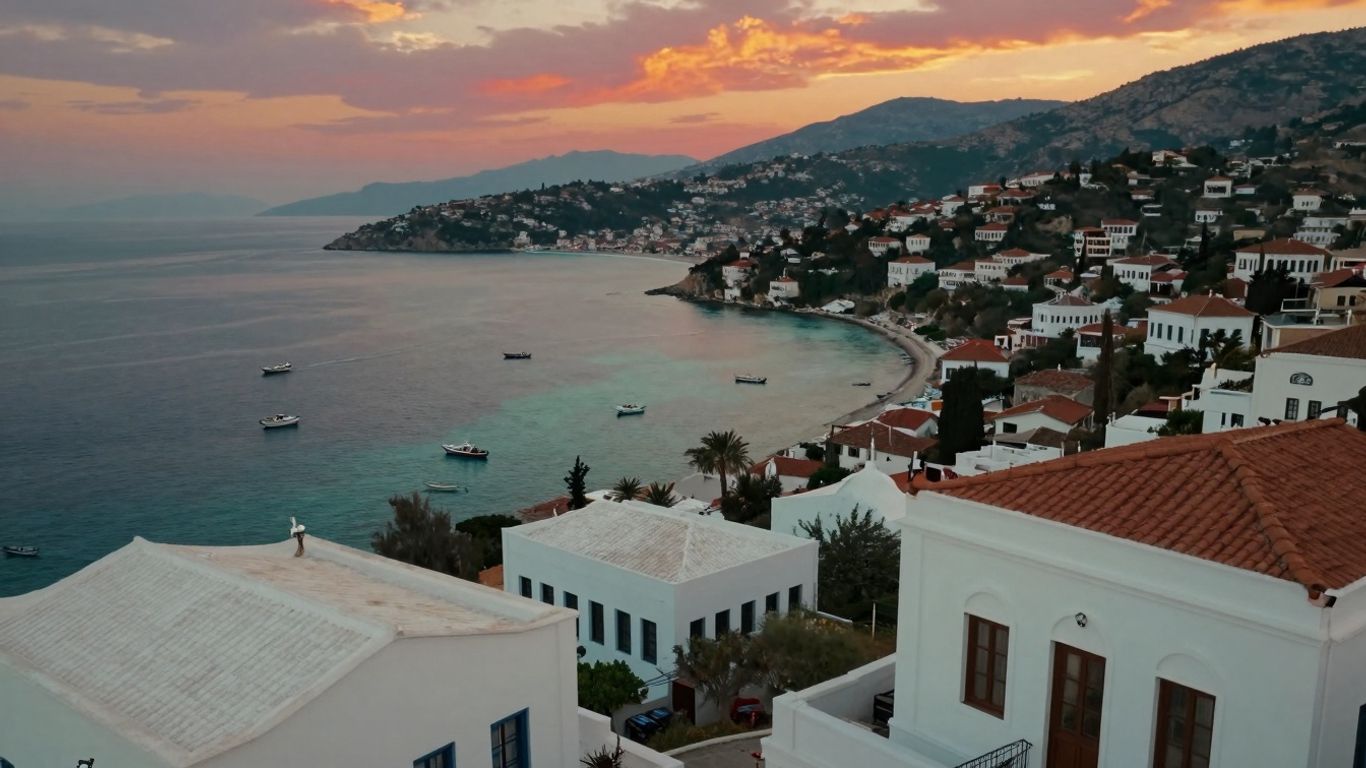 Kalkan coastline at sunset with Mediterranean Sea.