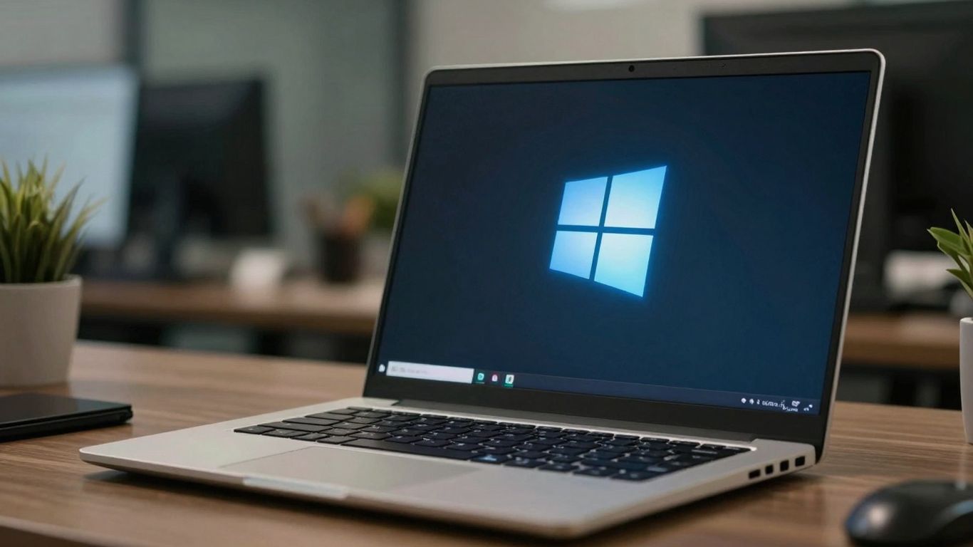 Logo de Windows 10 Pro en pantalla de portátil.