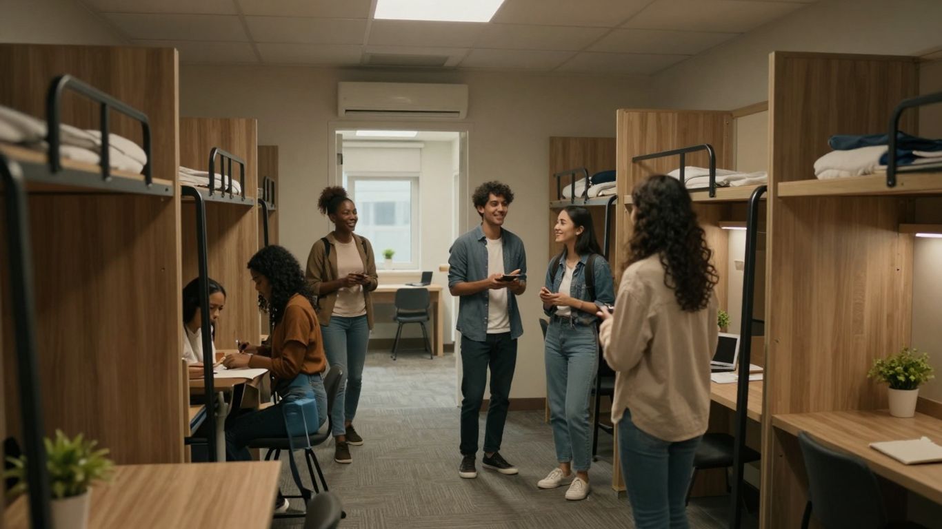 Modern hostel interior with people interacting positively.