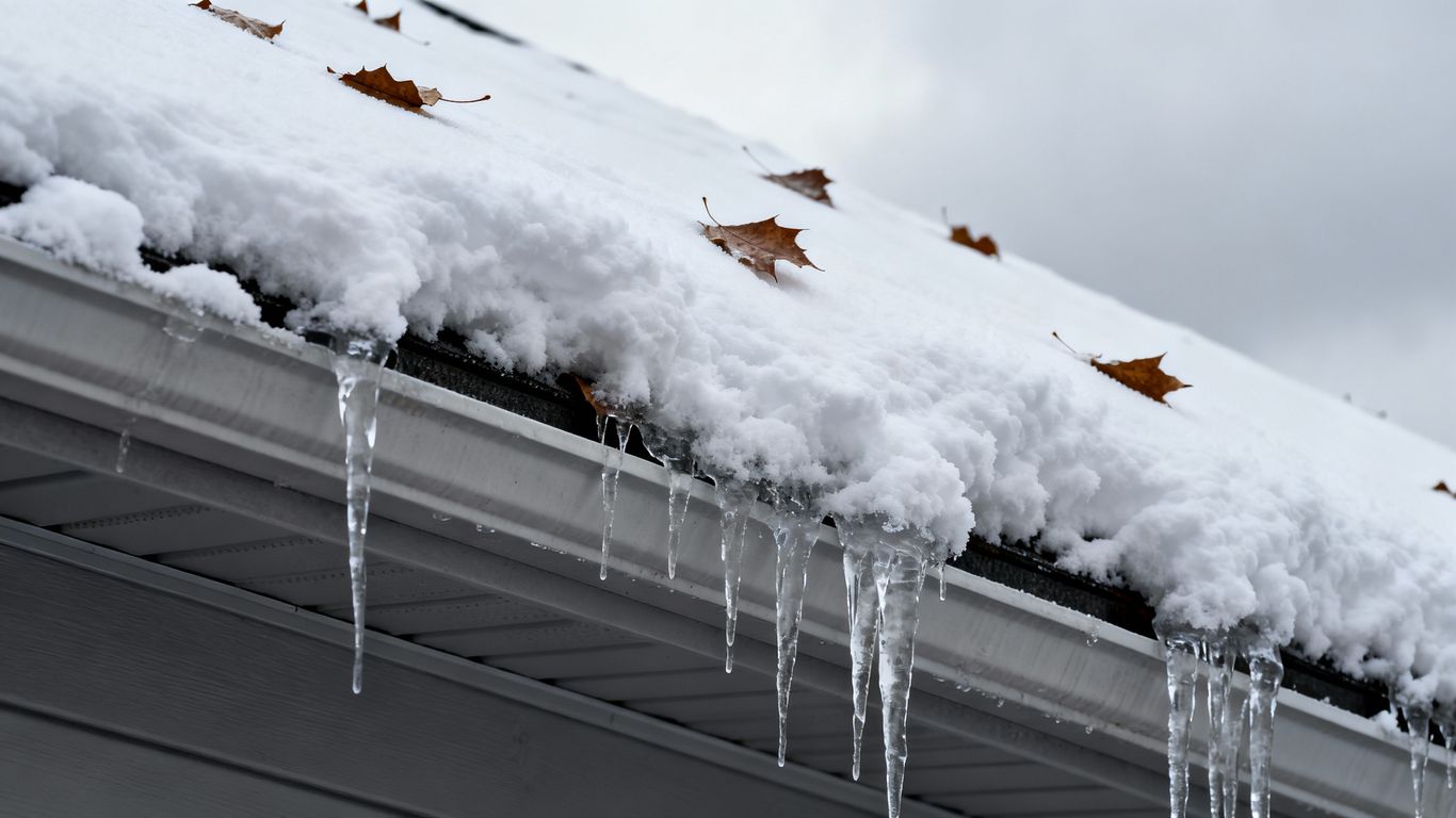 Winter roof with snow and icicles.