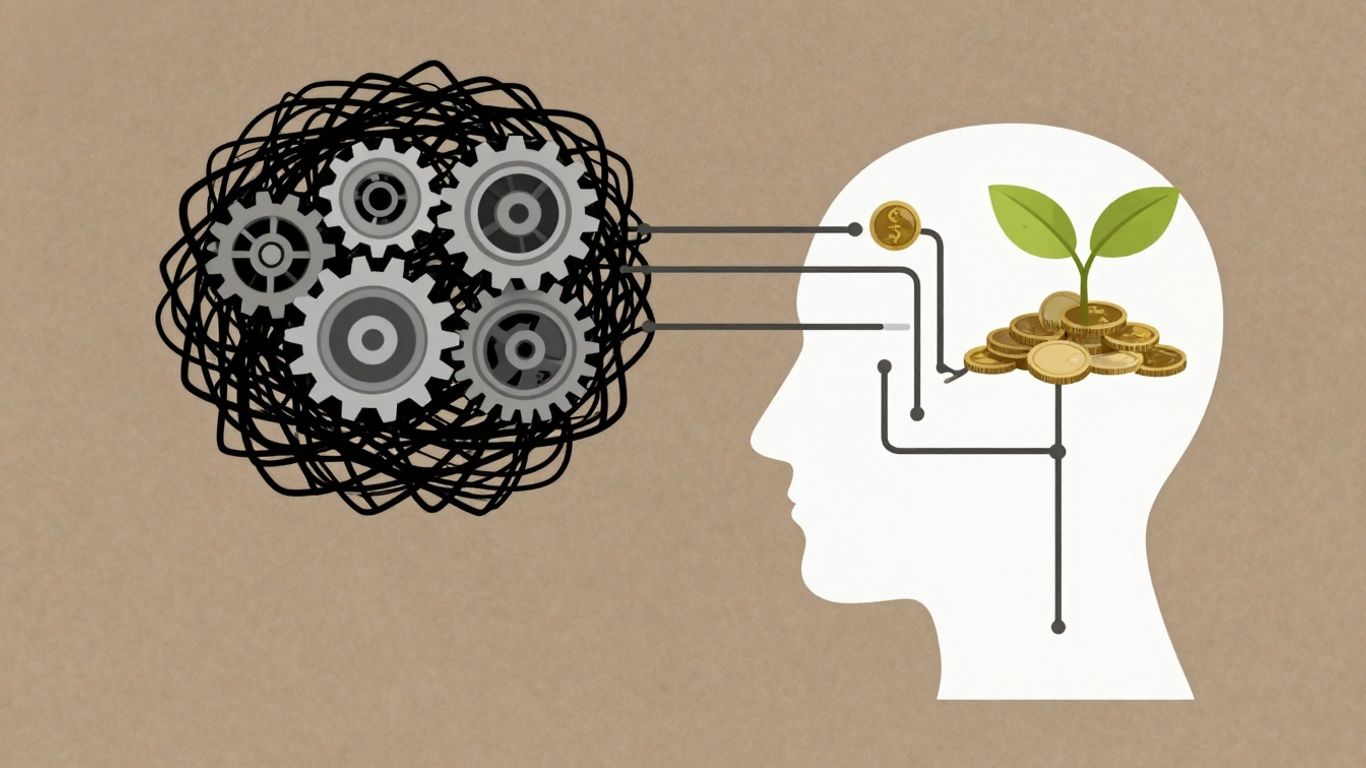 Ilustração de cabeça com engrenagens e crescimento financeiro.