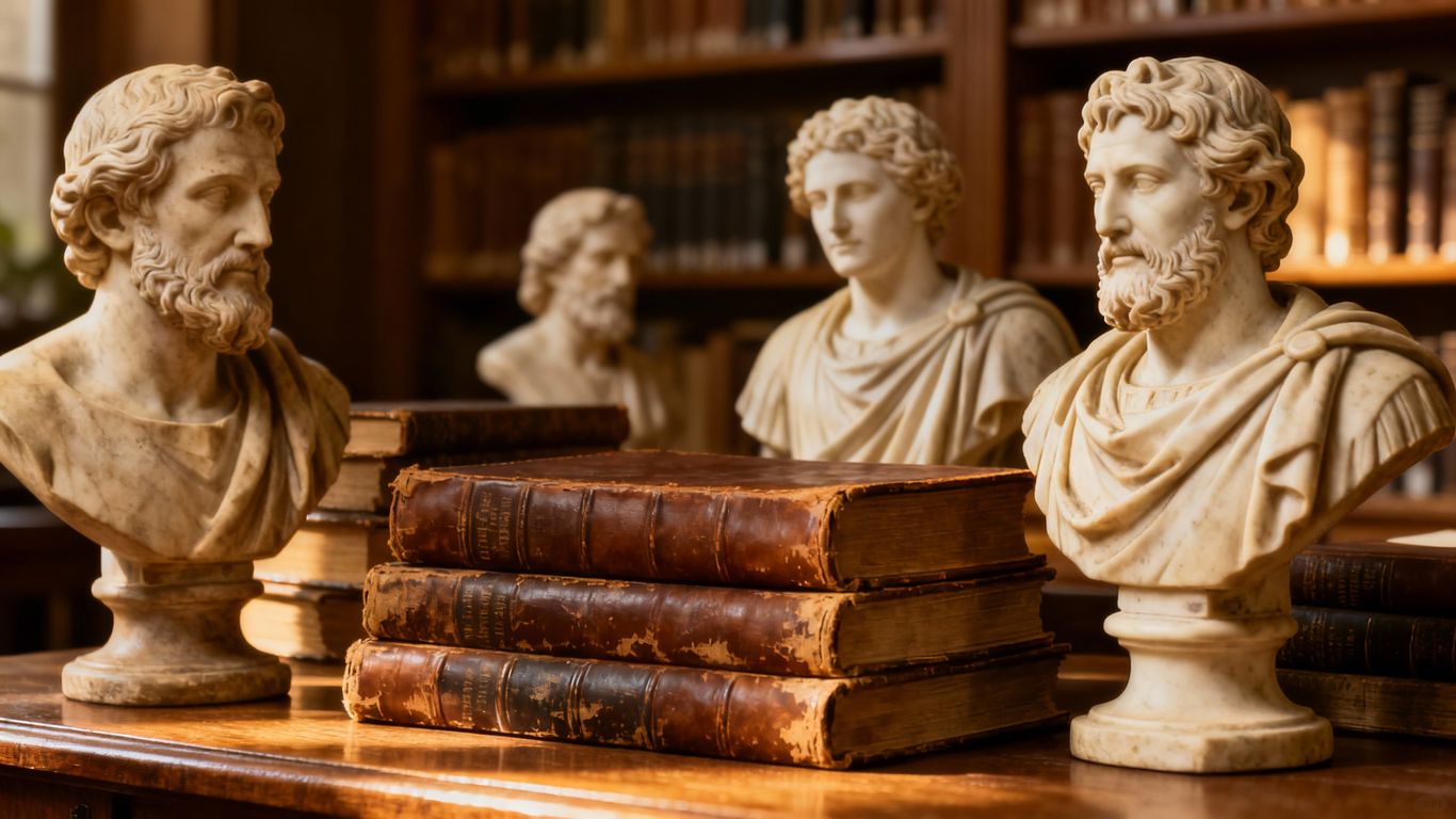 Philosophers' statues with classic books in a library