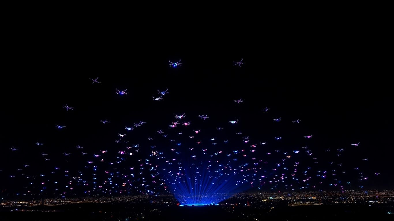 Pertunjukan drone light show di malam hari