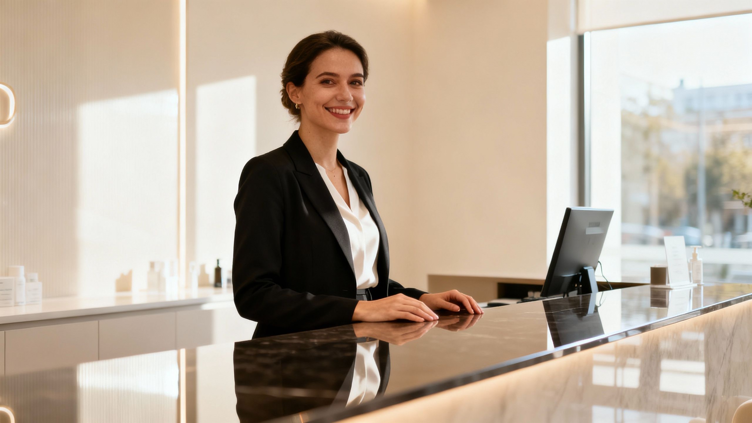 Aesthetics clinic owner at her reception desk.