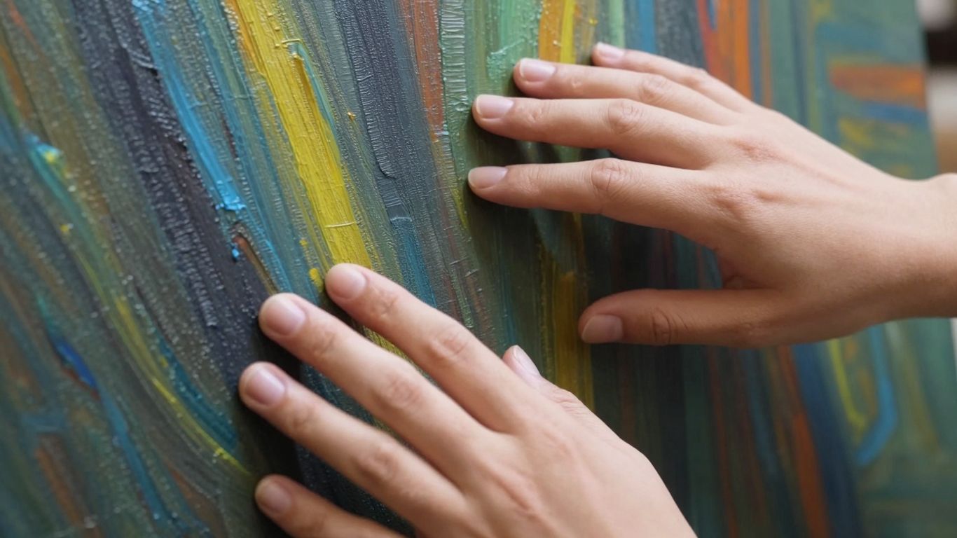 Hands touching a colourful, textured painting.