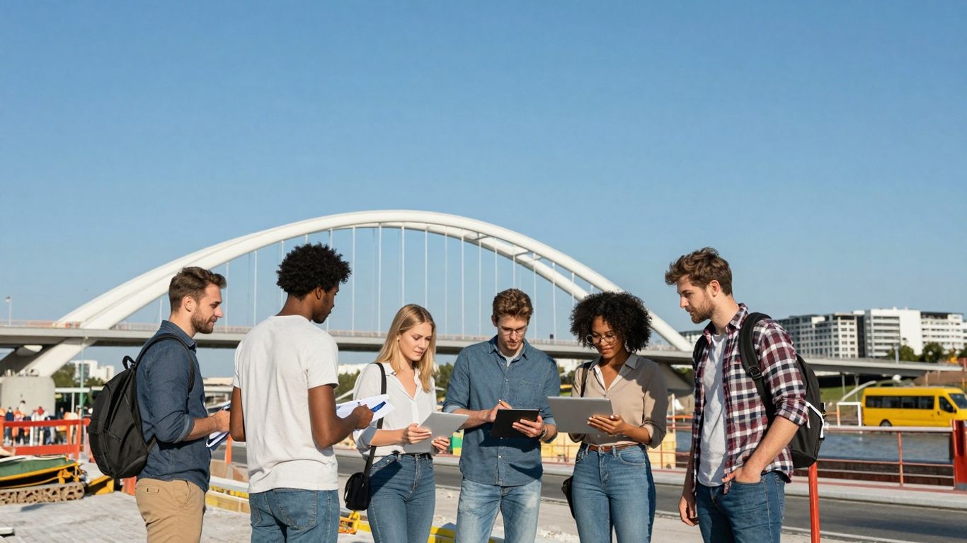 Oameni din țări diferite lucrează împreună la un proiect.