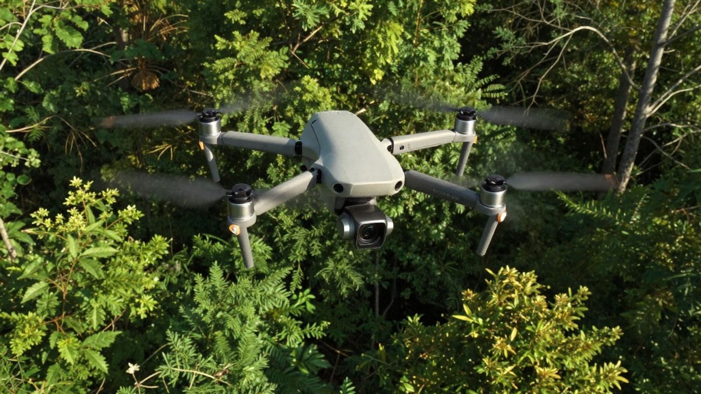 Drone flying over a green forest canopy.