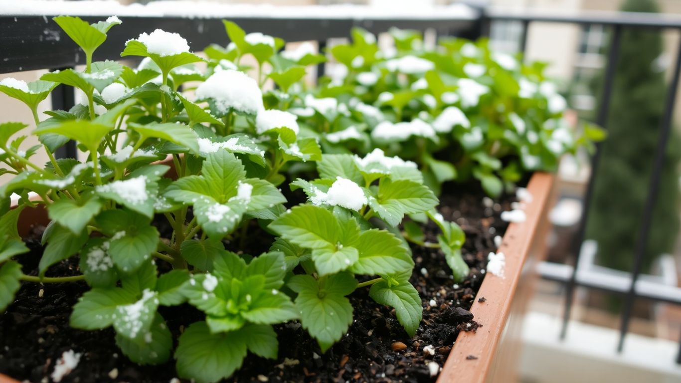 Balkonkasten mit winterharten Pflanzen im Schnee
