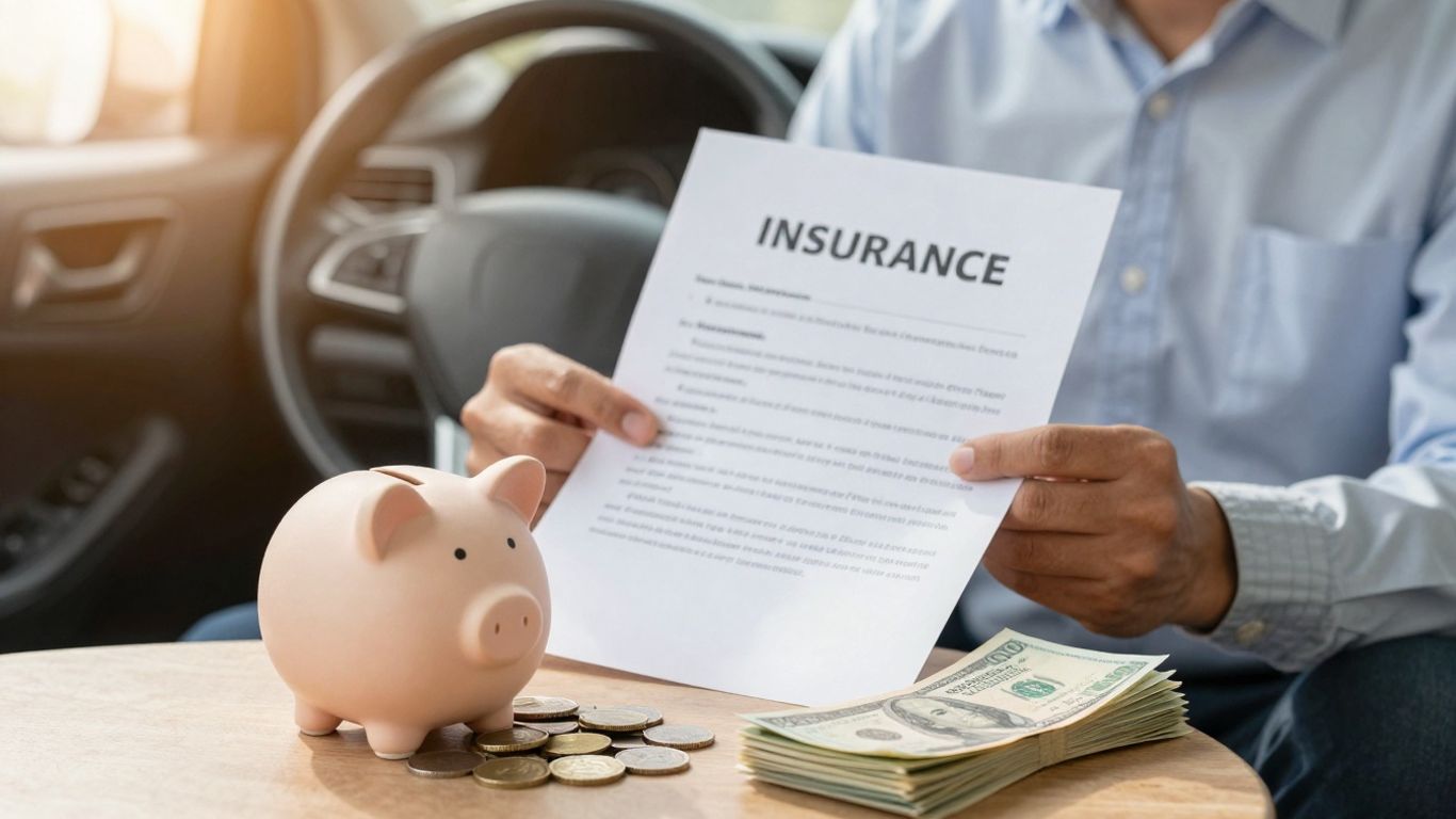 Person reviewing car insurance with piggy bank and car.