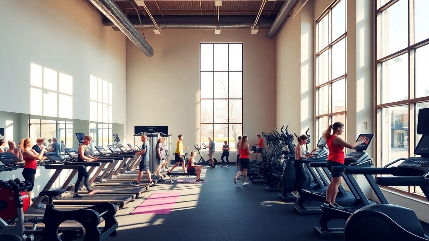 Modern Melbourne gym with diverse fitness equipment and people working out.