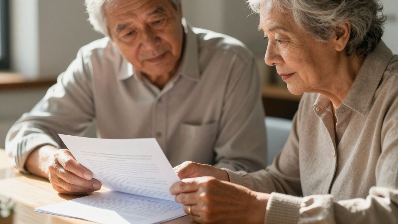 Senior couple reviewing long-term care insurance documents.