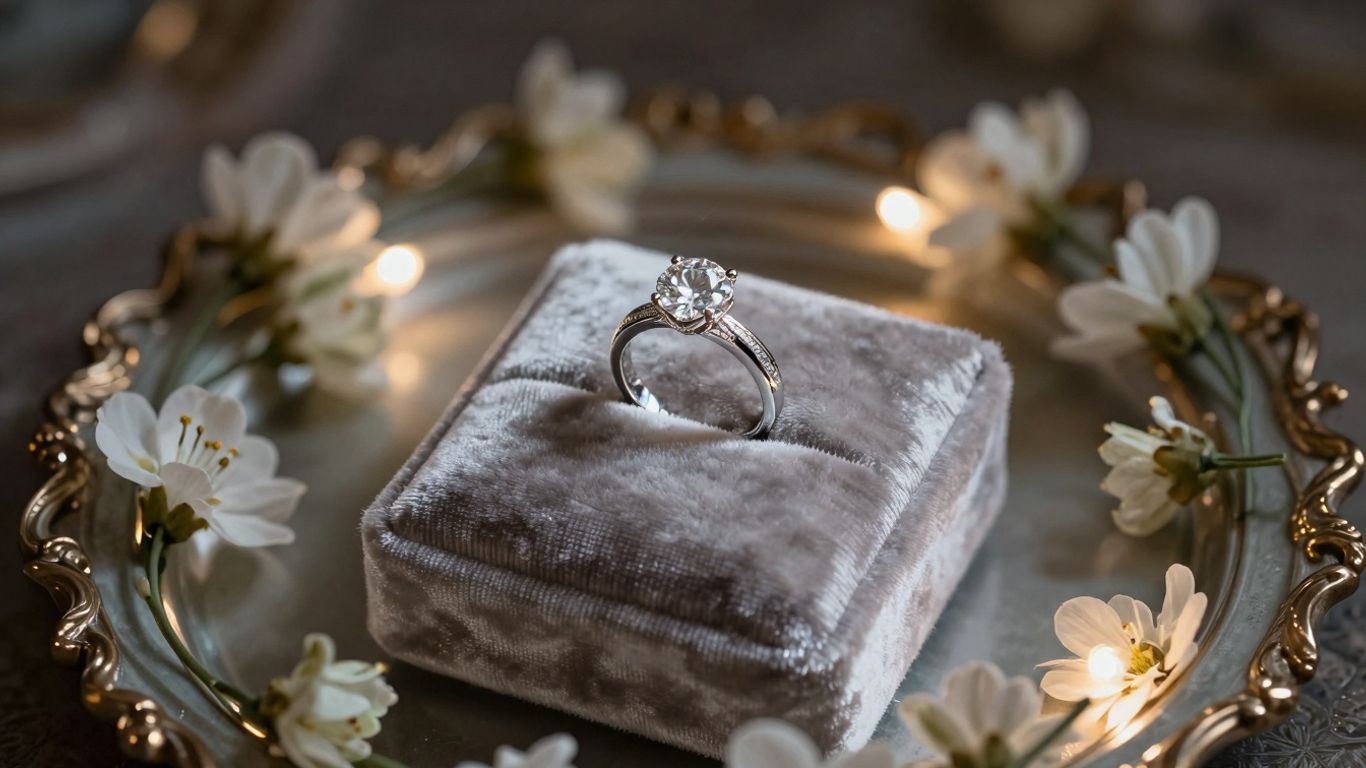 Elegant engagement ring platter with diamond ring.