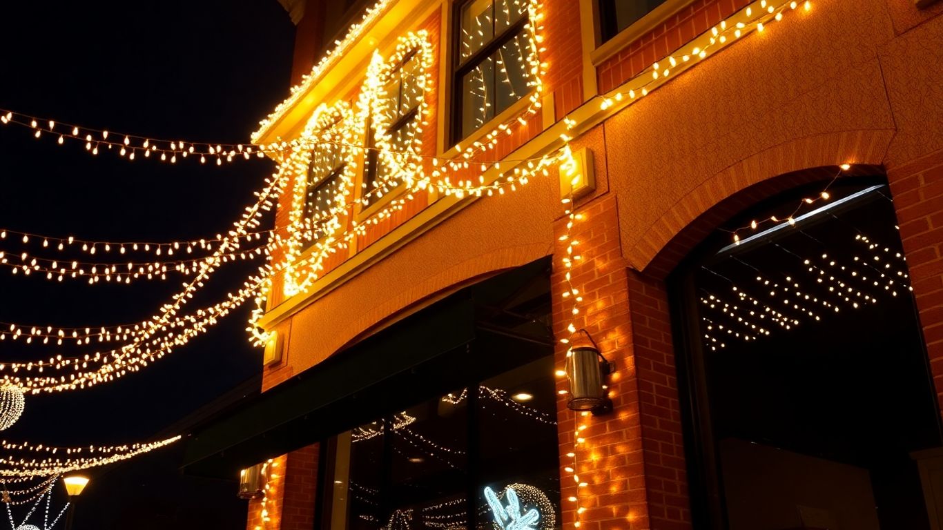 Commercial Christmas lights on a building at night.
