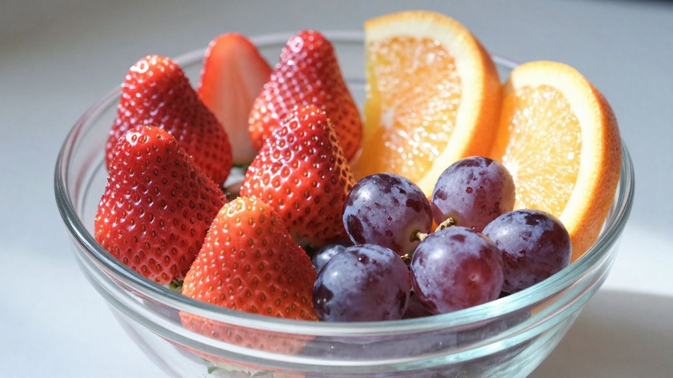 Close-up of a fresh fruit salad in a bowl.
