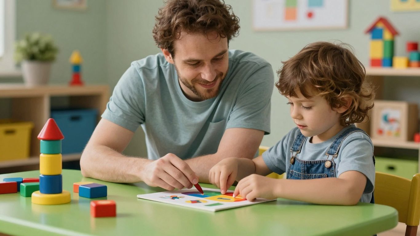 Parent and child doing preschool learning activities together.