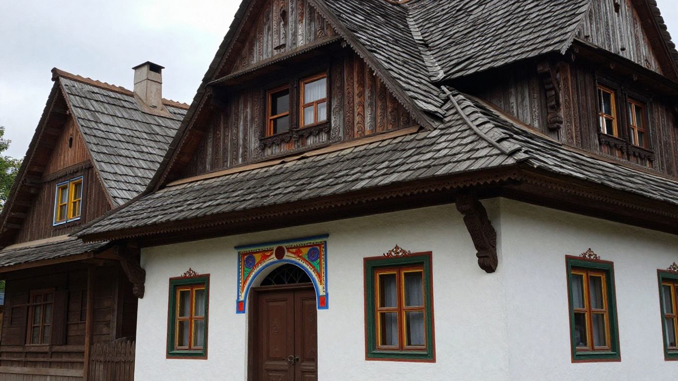 Case tradiționale românești cu detalii arhitecturale specifice.