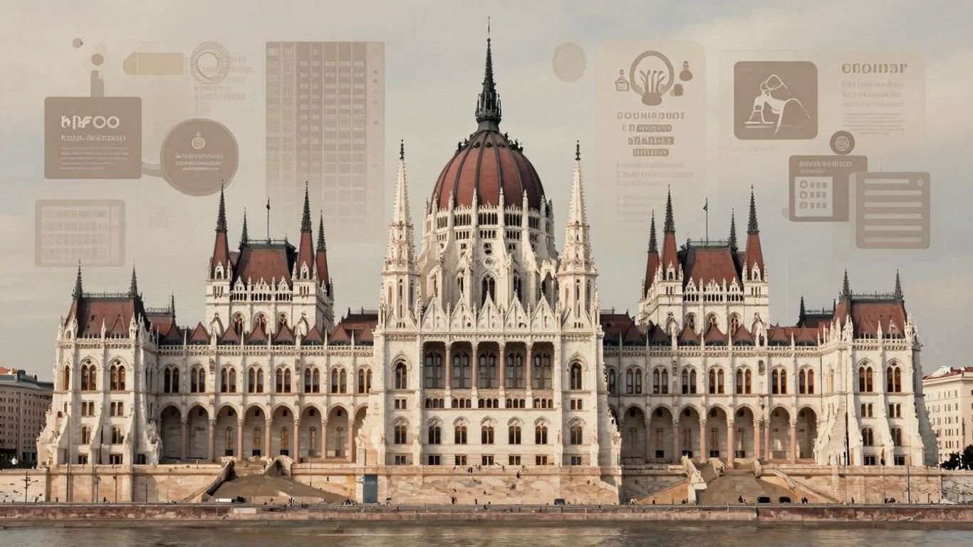 Clădirea Parlamentului României și simboluri ale ministerelor.