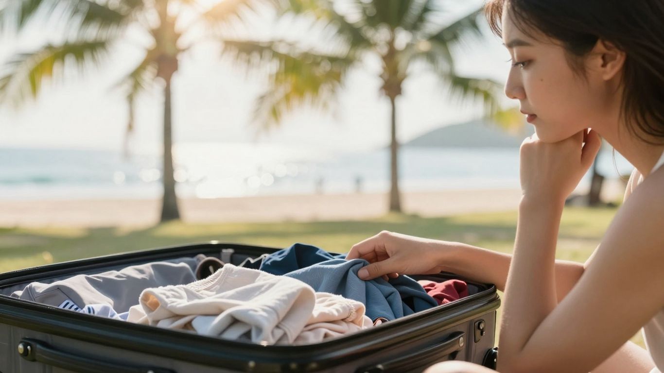 Person with suitcase on a tropical beach