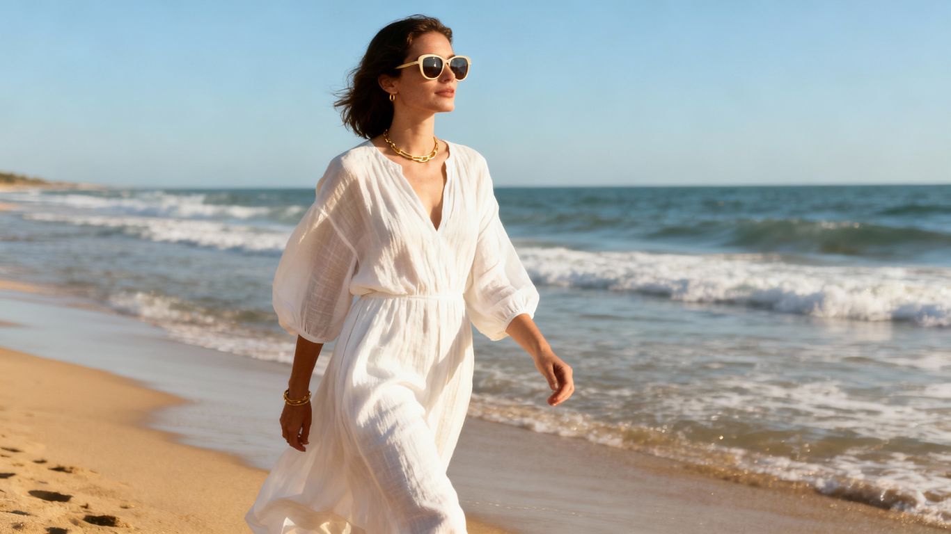 Woman in white linen dress on a sunny beach.