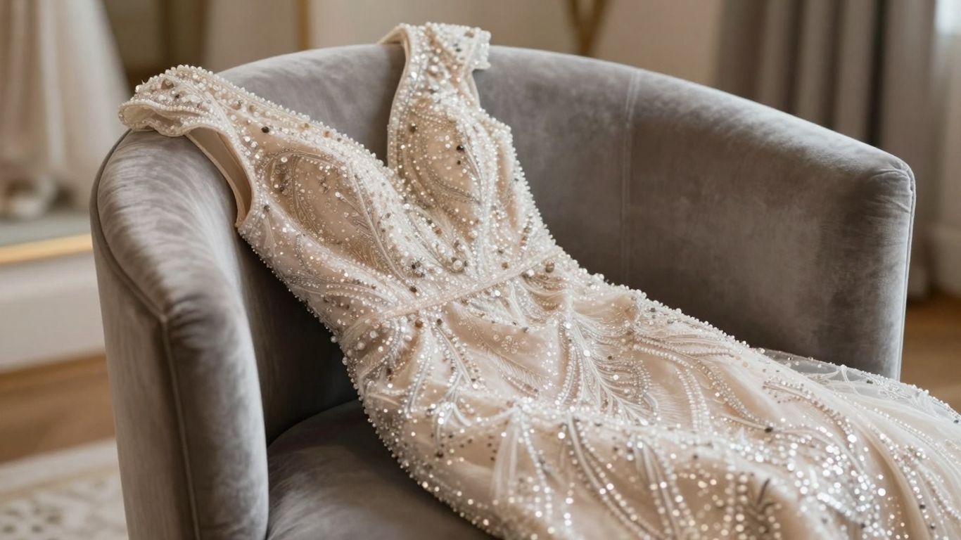 Delicate sequined dress on a velvet chair.