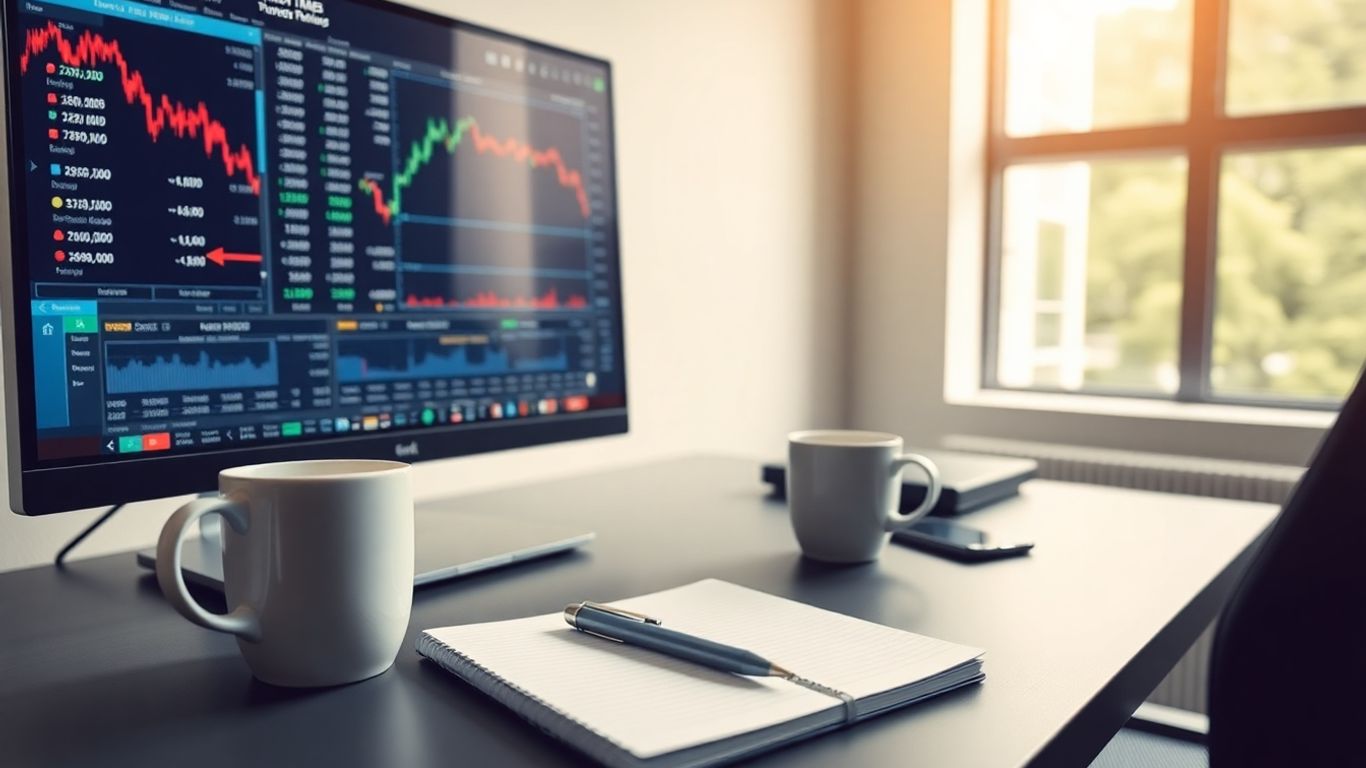 Photographic workspace with trading tools and morning coffee.